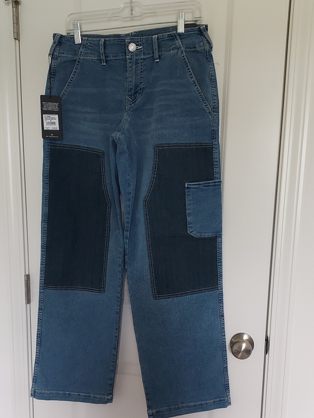 True Religion Two-Tone Blue Patch Panel Relaxed Jeans Women Size 28 New